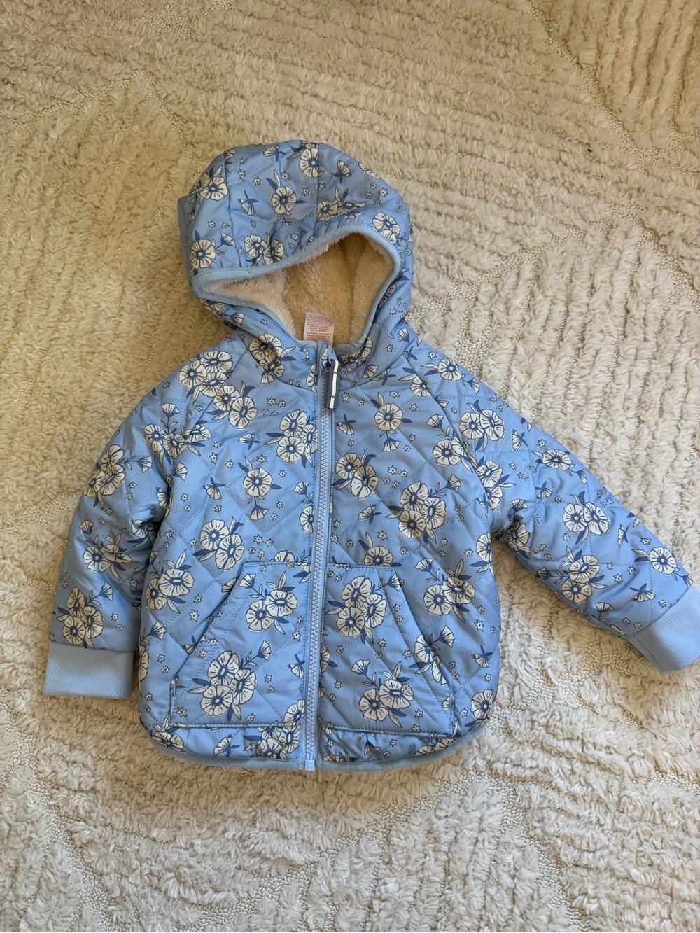 Cat & Jack Light Blue Floral Quilted Hooded Puffer Jacket Fuzzy Inside